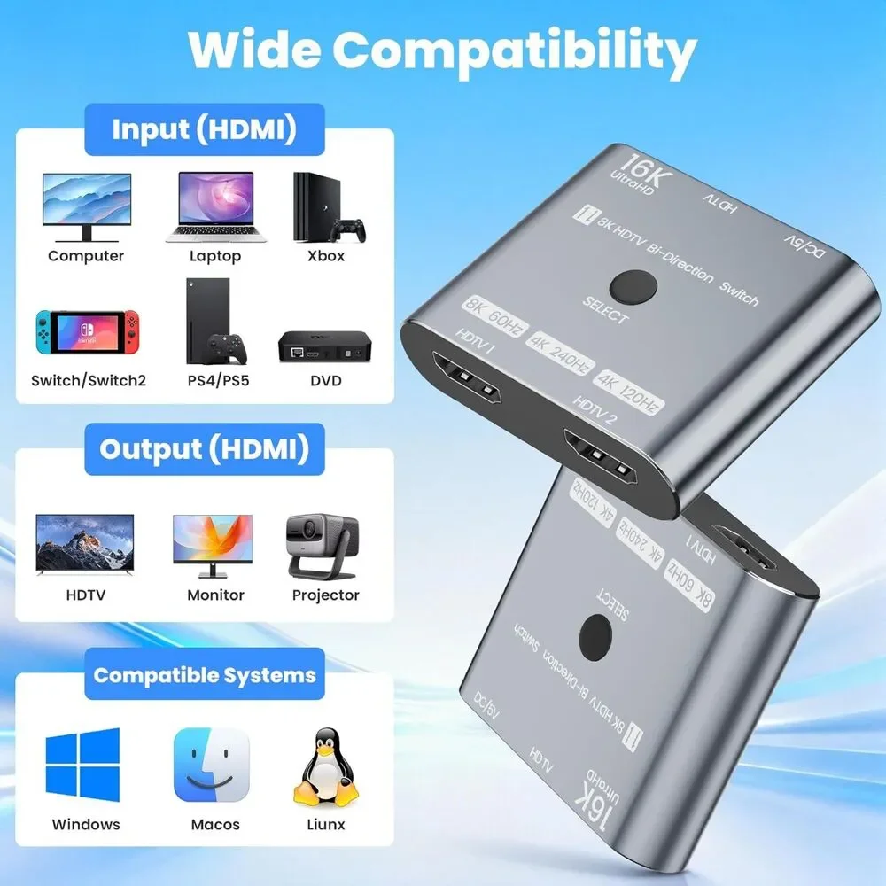 HDMI 2.1 Switch 8K@120Hz 4K@240Hz 2x1 Bi-Directional VRR HDR10+ Splitter PS5